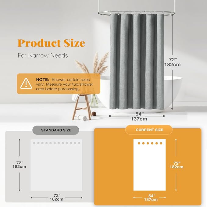 BTTN Narrow Linen Textured Waterproof Shower Curtain, 54x72, Grey/Gray | Small Size, 230GSM Polyester, Heavy Duty Fabric, Weighted Hem, 10 Plastic Hooks, Modern Luxury Hotel Style, Machine Washable