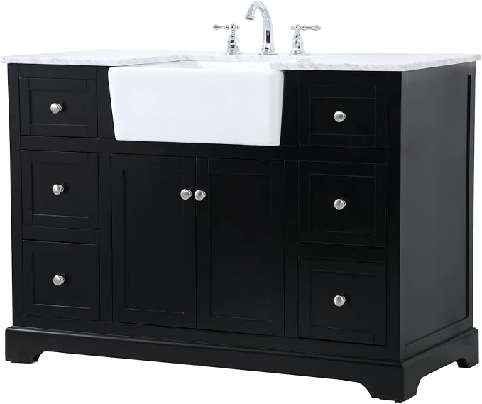 48" Pre-Assembled Bathroom Vanity with Sink, Solid Birch and MDF, Carrara White Marble Countertop Attached, Single Rectangle Porcelain Sink, 6 Soft-Close Drawers, Black