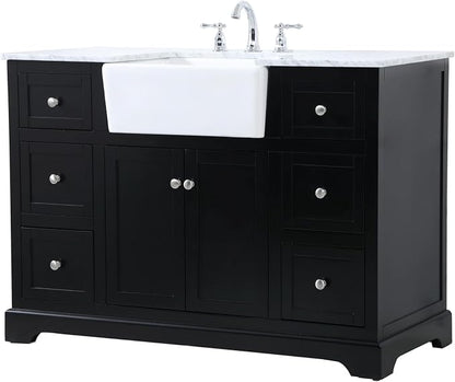 48" Pre-Assembled Bathroom Vanity with Sink, Solid Birch and MDF, Carrara White Marble Countertop Attached, Single Rectangle Porcelain Sink, 6 Soft-Close Drawers, Black