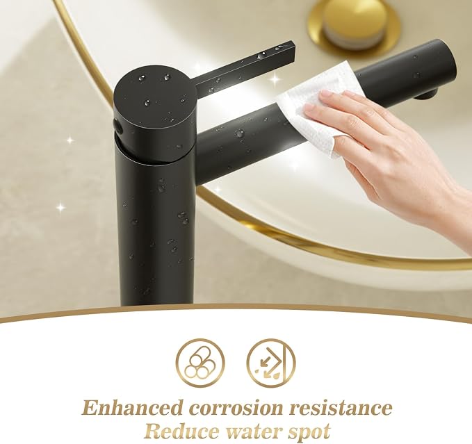 Matte Black 1 Hole Tall Bathroom Vessel Sink Faucet, Single Hole Single Handle Vanity Bathroom Faucet, with Pop Up Drain and Water Supply Line, FH01-MB-V