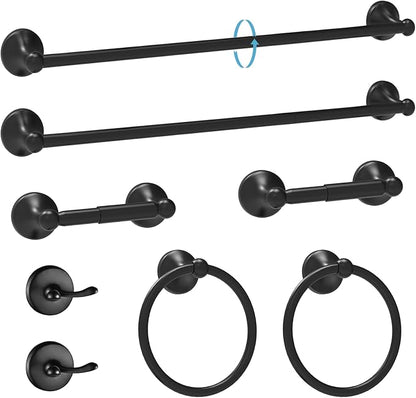 Newfun 8-Pieces 24 Inch Matte Black Bathroom Hardware Set | Bathroom Accessory Set, Includes 24" Adjustable Bath Towel Bar, Towel Rings Wall Mounted, Toilet Paper Holder, Towel Hooks