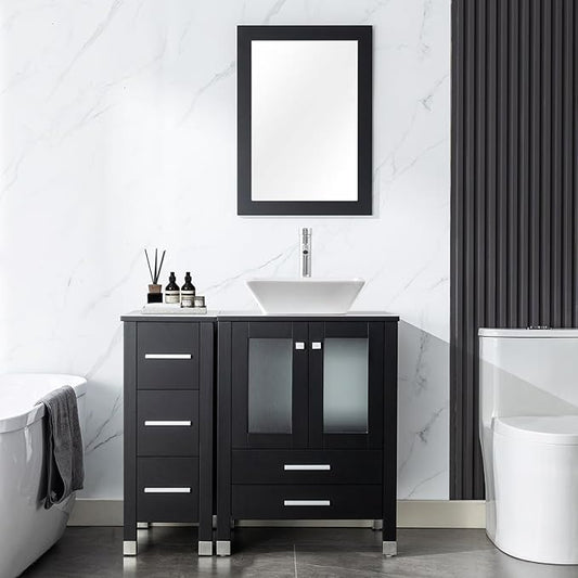 LUCKWIND 36" Bathroom Vanity Combo with Sink, 24"+12.6" Width, Painted Bathroom Storage Cabinet with 5 Drawers, Including White Square Sink Without Mirror, Black