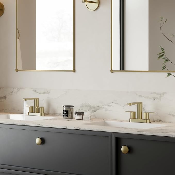 BWE Brushed Gold Bathroom Faucets 4 Inch Centerset Faucet for Bathroom Sink | 2 or 3 Hole Basin 2-Handle 360° Swivel Spout Bathroom Sink Faucet with Pop up Drain Water Supply Hose for Farmhouse Vanity RV