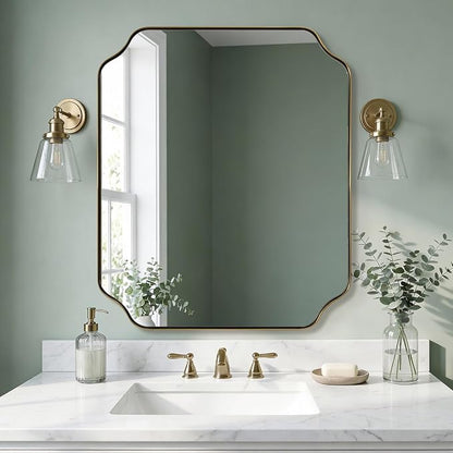 36"x40" Brass Vanity Mirror, Large Scalloped Bathroom Mirror, Brushed Gold Trim Mirror in Anti-Rust Stainless Steel Metal Frame, Irregular Shaped Mirror Ideal for Bathroom Remodel