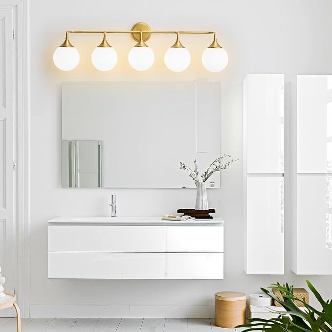 Brushed Gold Bathroom Light Fixtures Over Mirror Vanity 5-Light | Mid Century Modern Brushed Gold Wall Sconce with Milky White Glass Ball Shades for for Bathroom Dressing Table Bedroom