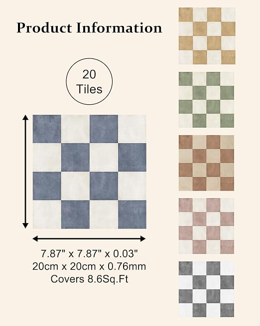 Peel and Stick Floor Tile, Checkered Vinyl Flooring Waterproof, Snap-Proof DIY Flooring Tiles for Bathroom, Kitchen, Fireplace, Wall, Backsplash, No Residue, 20 Tiles-7.87" Thin Version, Blue