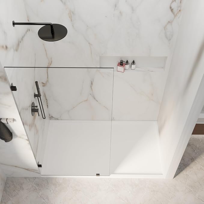 32" W x 72" H Fixed Shower Glass Panel | 3/8” 10mm Frameless for Walk in Shower with Clear Tempered Glass Explosion-Proof Film for Bathroom, Matte Black