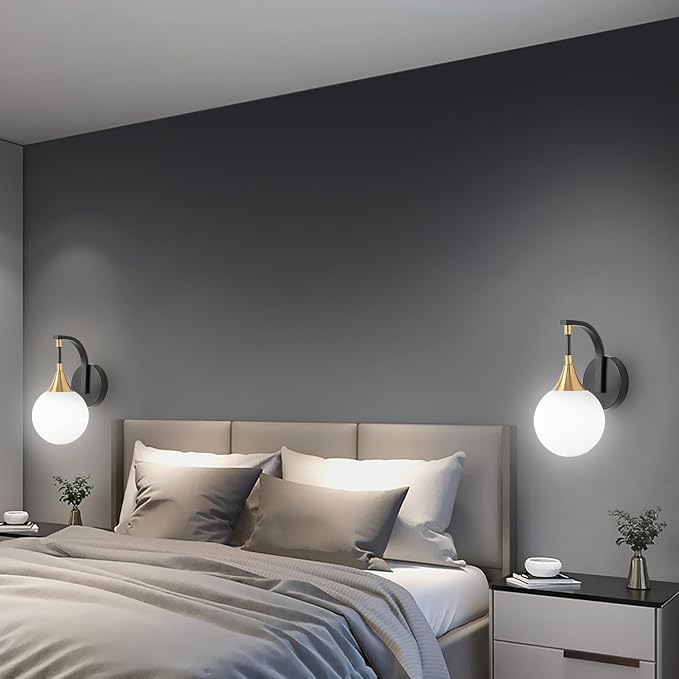 1-Light Bathroom Wall Sconce, Black and Gold Vanity Lighting | with White Milk Globe Glass Shade, Modern Wall Light Fixture for Bedroom Hallway Bathroom Kitchen