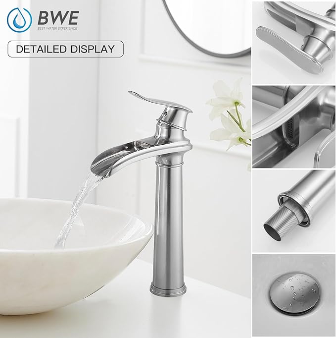 BWE Vessel Sink Faucet Brushed Nickel Tall Waterfall Bathroom Faucet Deck Mount Single Handle One Hole Lavatory Vanity Faucet with Pop Up Drain Assembly and Supply Hose
