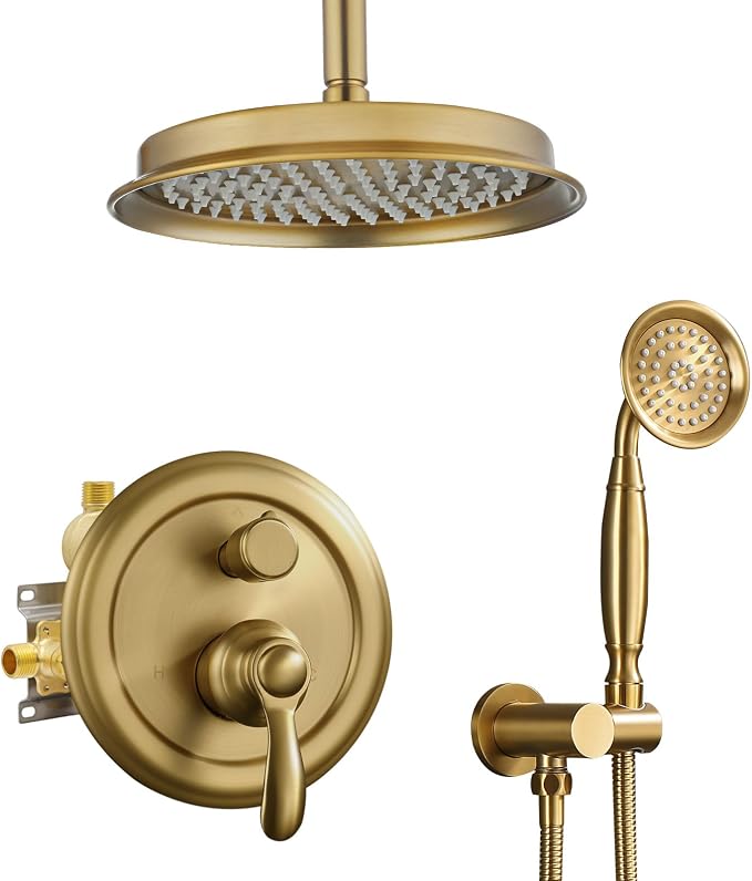 Antique Rain Shower Faucet Set with Handheld Sprayer | Brushed Titanium Gold, Multi-layer Plating, Vintage Rainfall, 2-Function Diverter Brass Valve, Ceiling Mount Easy Install