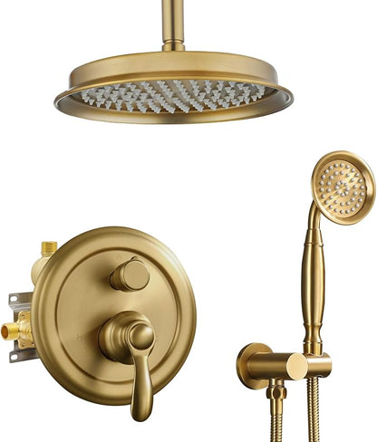Antique Rain Shower Faucet Set with Handheld Sprayer | Brushed Titanium Gold, Multi-layer Plating, Vintage Rainfall, 2-Function Diverter Brass Valve, Ceiling Mount Easy Install