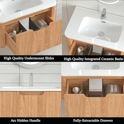 24'' Floating Bathroom Vanity with Sink, Wall Mounted Modern Bathroom Cabinet W/Curved Edges Stripes, Oak & Plywood, Pre-Assembled with Integrated Ceramic Basin – Havana, Natural Oak