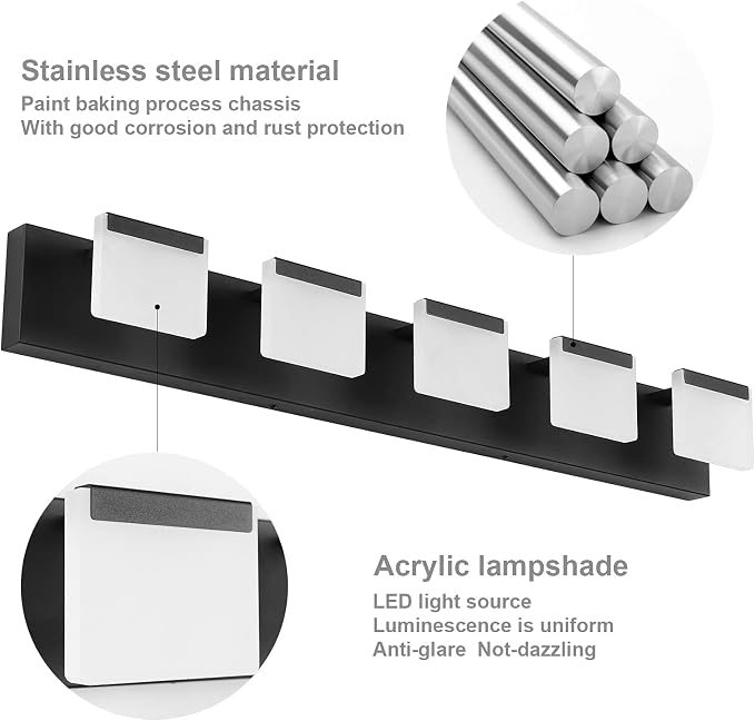Ralbay LED Modern Bathroom Vanity Light - 5 Light Acrylic Matte Black Vanity Lighting Fixture