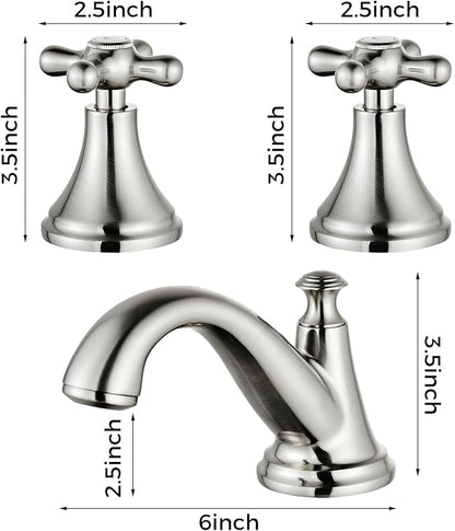 Vintage Widespread Bathroom Faucet, Brushed Nickel 3-Hole Sink Faucet with Drain Assembly, Solid Brass, Drip-Free Ceramic Cartridge, Adjustable 8-16 Inch Installation