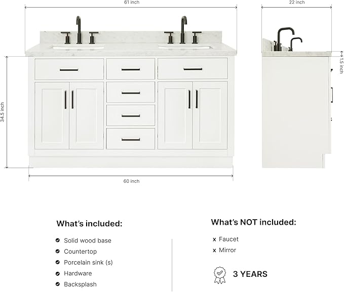 ARIEL Hepburn 60-inch Bathroom Vanity with Sink,Solid Wood, 1.5-inch Italian Carrara Marble Countertop, Double Rectangular Porcelain Sink, 4 Soft Closing Doors, 6 Dovetail Drawers, White