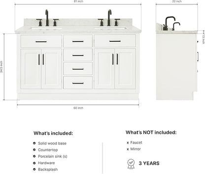 ARIEL Hepburn 60-inch Bathroom Vanity with Sink,Solid Wood, 1.5-inch Italian Carrara Marble Countertop, Double Rectangular Porcelain Sink, 4 Soft Closing Doors, 6 Dovetail Drawers, White