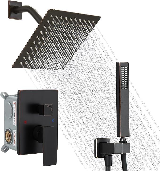 Oil Rubbed Bronze Shower System, 8 Inch High Pressure Rain Shower with Handheld, Wall Mount Shower Faucet Set for Bathroom, Rough-in Valve Body and Trim Included