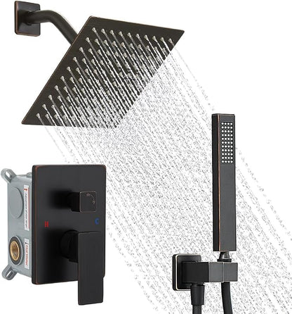 Oil Rubbed Bronze Shower System, 8 Inch High Pressure Rain Shower with Handheld, Wall Mount Shower Faucet Set for Bathroom, Rough-in Valve Body and Trim Included
