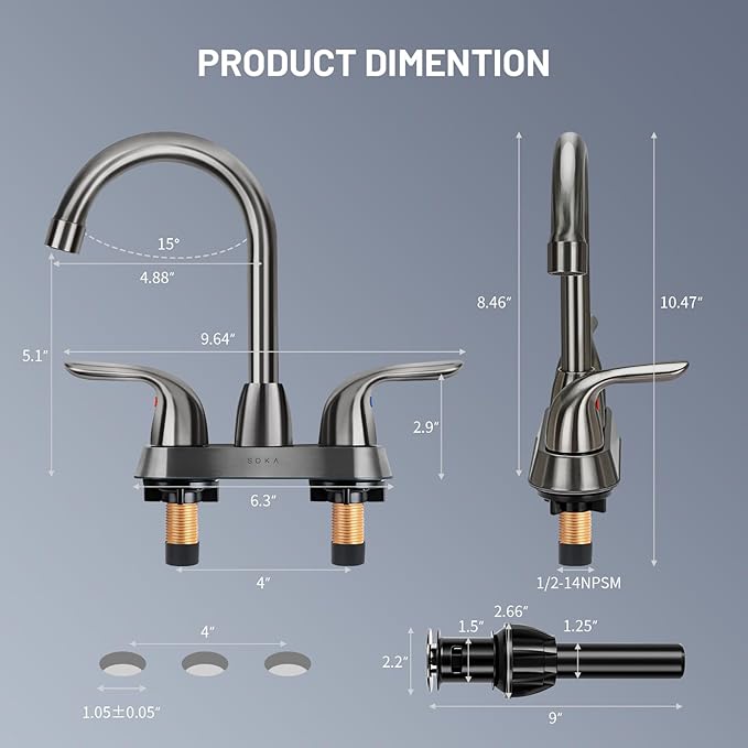 Bathroom Sink Faucet for 3 Hole, 4 Inch Stainless Steel Faucet for Bathroom, Bathroom Faucets with Deck Plate & Pop-Up Pop-Up Drain Assembly 2-Handle Faucet for Bathroom Sink Vanity RV Restroom