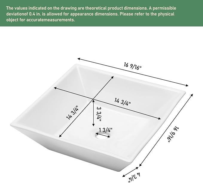 16x16 Inch White Rectangle Vessel Bathroom Sink | Ceramic, Above Counter, Rectangular Shape, Easy to Clean, Recommended Installation, Ideal for Bathroom, Lavatory, Vanity