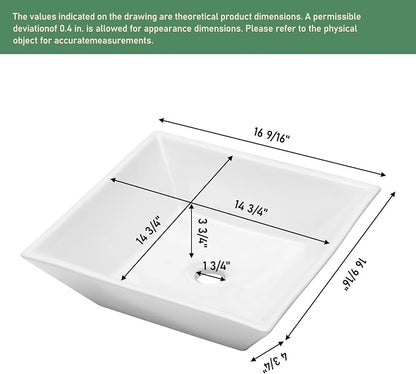 16x16 Inch White Rectangle Vessel Bathroom Sink | Ceramic, Above Counter, Rectangular Shape, Easy to Clean, Recommended Installation, Ideal for Bathroom, Lavatory, Vanity