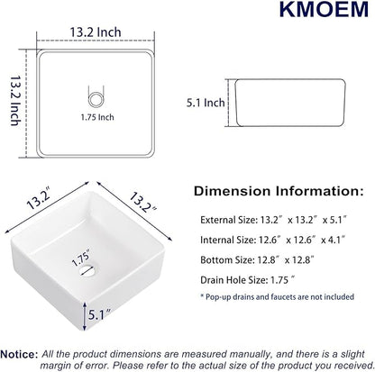 Vessel Sink 13"x13" Rectangular Bathroom Sink Modern White Porcelain Ceramic Above Counter Drop-in Vanity Sink for Bathrooms Art Basin