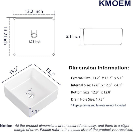 Vessel Sink 13"x13" Rectangular Bathroom Sink Modern White Porcelain Ceramic Above Counter Drop-in Vanity Sink for Bathrooms Art Basin