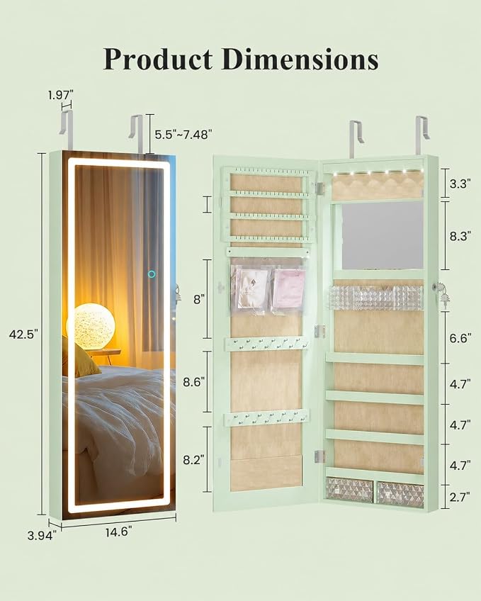 LVSOMT 42.5" Wall Mounted Jewelry Organzier with LED Mirror, Green | Lockable Jewelry Cabinet for 30 Ring Slots, 96 Earring and 20 Necklace Hooks, Gift for Women, Girls