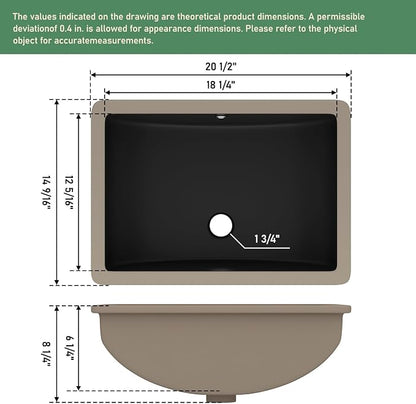 21x15 Inch White Rectangle Undermount Bathroom Sink | Interior Bowl Size 18"W x 12"D, Ceramic, Curved Bottom, Easy to Clean, with Overflow, Ideal for Bathroom, Lavatory, Vanity