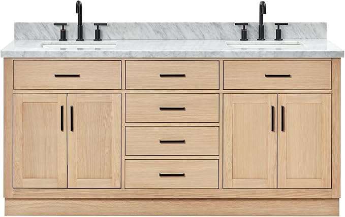 ARIEL Hepburn 72-inch Bathroom Vanity with Sink,Solid Wood, 1.5-inch Italian Carrara Marble Countertop, Double Rectangular Porcelain Sink, 4 Soft Closing Doors, 6 Dovetail Drawers, White Oak