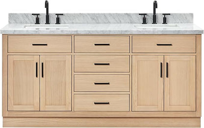 ARIEL Hepburn 72-inch Bathroom Vanity with Sink,Solid Wood, 1.5-inch Italian Carrara Marble Countertop, Double Rectangular Porcelain Sink, 4 Soft Closing Doors, 6 Dovetail Drawers, White Oak