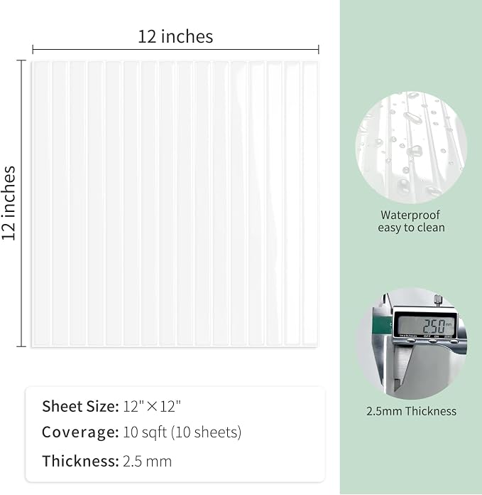 10-Sheet Upgraded Thick Peel and Stick Kitchen Backsplash Tiles | Waterproof Premium Self-Adhesive Wall Tile Stick on Backsplash for Kitchen,Bathroom and Fireplace(White,12"×12")