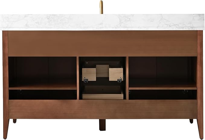 Vanity Art 60 inch Bathroom Vanity with Single Sink & Ceramic Top, Vanity Cabinet with Soft-Closing Door, Solid Wood Frame, Linear Pattern, Walnut, Golden Brushed Handware VA9160-SWalnut-GB