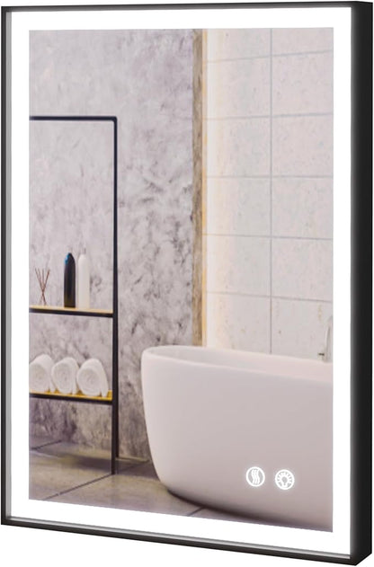 30x20 Inch LED Bathroom Mirror with Lights, Black Frame - 3 Color Modes, Touch Dimmer, Anti-Fog - Wall Mount Lighted Vanity Mirror for Makeup, Dressing Room - Fab Glass and Mirror