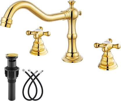 gotonovo Bathroom Faucet 3 Hole 8 Inch Widespread Bathroom Sink Faucet 2 Cross Handles Vintage Lavatory Vanity Mixer Tap with Pop Up Drain, HOT Cold Label, Polish Gold