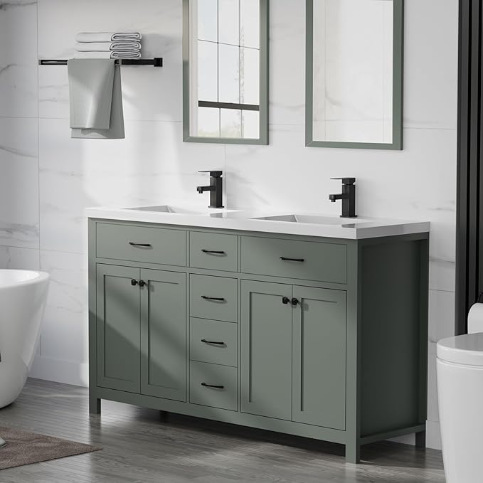 LUCKWIND 60" Bathroom Vanity and Sink Combo, Painted Modern Bathroom Storage Cabinet with Double Ceramic Sink, Four Doors and Three Drawers, Include Faucet, Without Mirror, Green