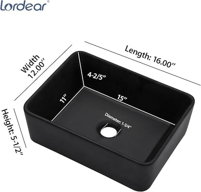 Lordear Black Vessel Sink Rectangular 16" x 12" Black Bathroom Vessel Sink Rectangular Ceramic Porcelain Vanity Above Couter Art Basin
