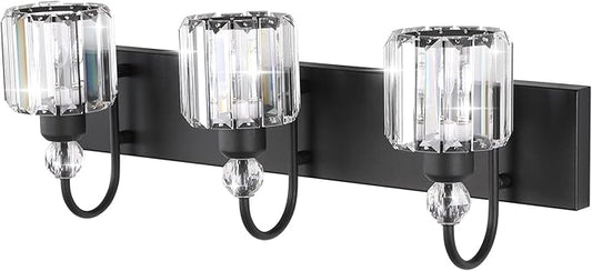 Ralbay Modern Crystal Vanity Light 3-Lights Modern Crystal Vanity Lights for Bathroom Matte Black Crystal Bath Wall Light Fixtures Modern Black Crystal Bathroom Light Fixtures