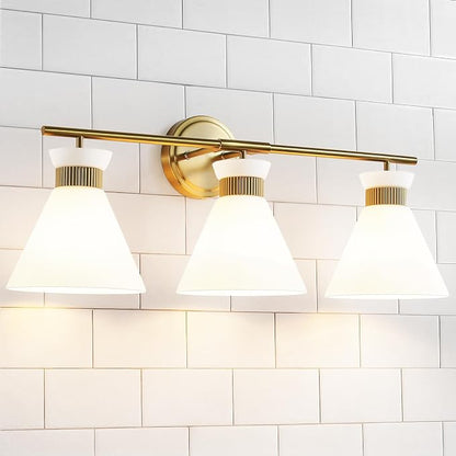 WOSHITU Bathroom Vanity Light Fixtures: 3-Lights Mid Century Modern Vanity Lights for Bathroom Over Mirror, Brushed Gold Wall Sconce Lighting with Frosted Milky Glass Shade for Bath Living Room