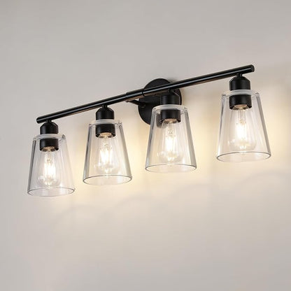 TALOYA 27 Inch Brushed Black Bathroom Light Fixtures with Thickend Clear Tapered Glass Shade, 4-Light Modern Vanity Light Over Mirror for Bathrooms, Bedrooms (Bulbs Not Included)