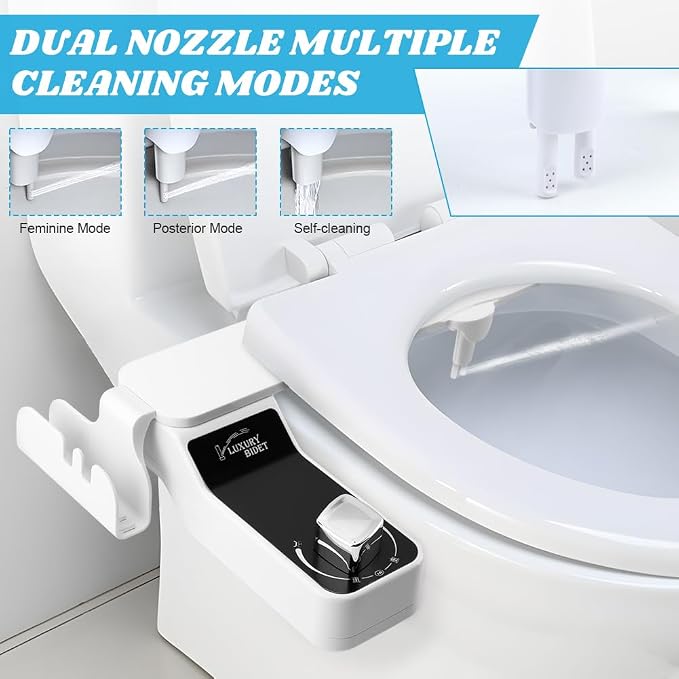 Bidet Attachment for Toilet with Filters, Non-Electric Self Cleaning Dual Nozzle for Bidet Toilet Seat, Adjustable Water Pressure Nozzle(COLOR:white)