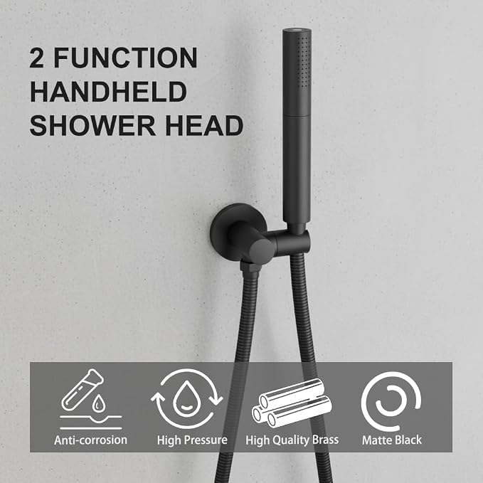 Black Shower Wand Brass Handheld Shower 7 Inch High Pressure Hand Held Shower Head High Flow Sprayer, 2 In 1 Function with 59 inch Hose, Bracket
