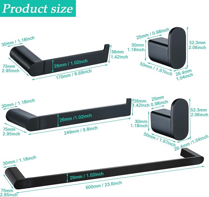 5-Pieces Matte Black Bathroom Accessories Set, Stainless Steel Bathroom Hardware Set, 23.6 Inch Bath Towel Bar Set, Towel Hooks,Towel Racks for Bathroom Wall Mounted,SE96026S-5MB