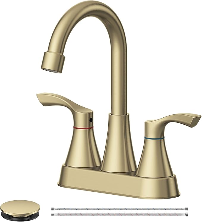 Brushed Gold Bathroom Faucet 3 Hole 4 Inch Bathroom Sink Faucets | Stainless Steel 2 Handle Centerset Faucet for Bathroom Sink Vanity with Pop Up Drain and 4 Supply Hoses by Evolvegoods