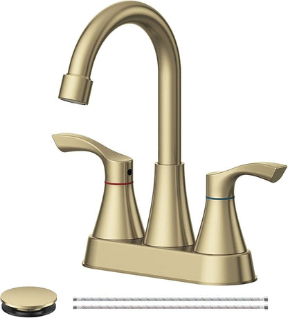 Brushed Gold Bathroom Faucet 3 Hole 4 Inch Bathroom Sink Faucets | Stainless Steel 2 Handle Centerset Faucet for Bathroom Sink Vanity with Pop Up Drain and 4 Supply Hoses by Evolvegoods