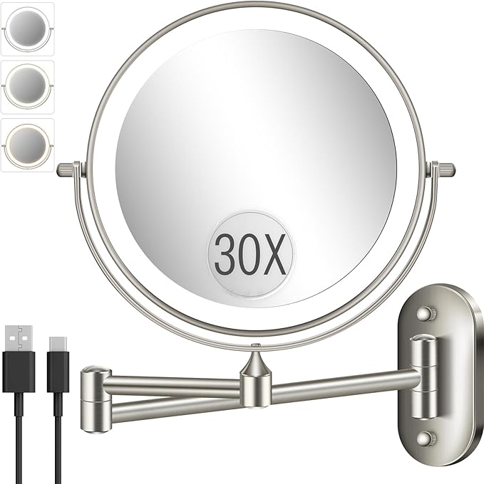 VFD 8'' 30X/1X Wall Mounted Lighted Magnifying Makeup Mirror with Lights | Double Sided Rechargeable Bathroom Mirror, 3 Color Lights Touch Dimmable Extended Arm 360 Rotation Light up Mirrors