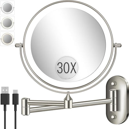 VFD 8'' 30X/1X Wall Mounted Lighted Magnifying Makeup Mirror with Lights | Double Sided Rechargeable Bathroom Mirror, 3 Color Lights Touch Dimmable Extended Arm 360 Rotation Light up Mirrors