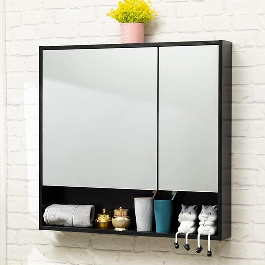 ALIMORDEN Medicine Cabinet with Mirror and Shelves, Oversized Bathroom Wall Storage Organizer Over The Vanity, Toilet, Recessed or Surface Mount, 30.4" L x 29.5" H, Black