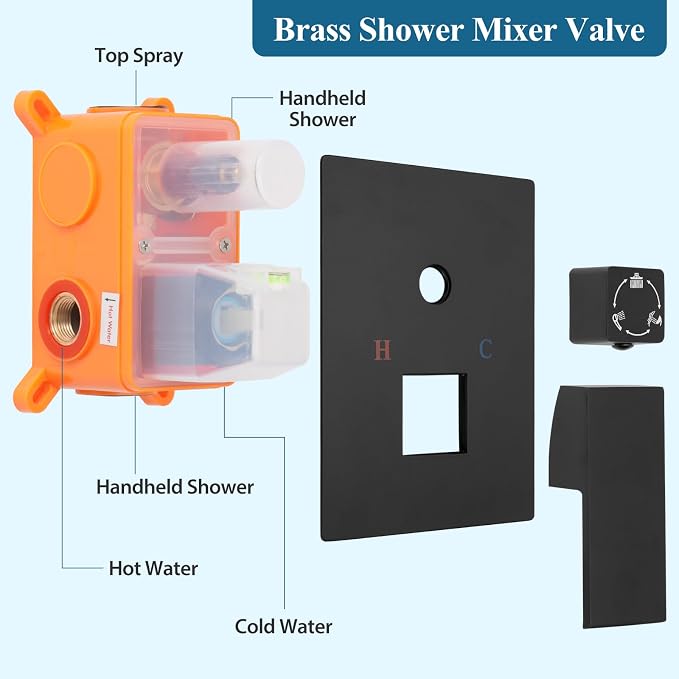 12 inch Square Shower Head and Handheld Set, Gasecoet Shower System with Tub Spout Wall Mounted Shower Faucet for Bathroom - Matte Black (With Shower Valve)