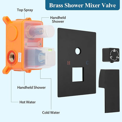 12 inch Square Shower Head and Handheld Set, Gasecoet Shower System with Tub Spout Wall Mounted Shower Faucet for Bathroom - Matte Black (With Shower Valve)